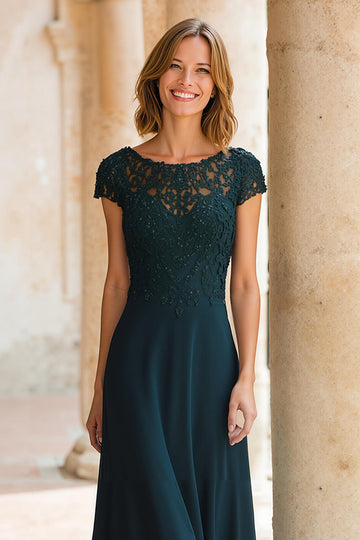 Robe longue mère de la mariée en mousseline de soie à col rond vert paon avec manches